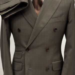 olive green suit men, pinstripe suit for men, double-breasted men’s suit, 3-piece formal suit, groom olive wedding suit, men’s business attire, luxury tailored suits